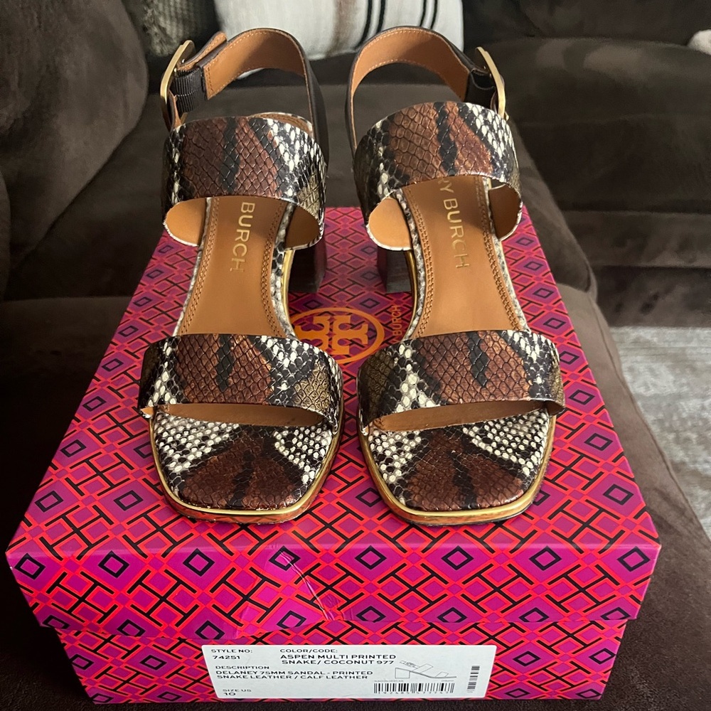Tory Burch Brown and Cream Snake Print Sandals